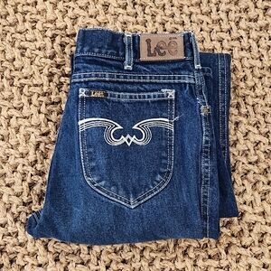 Vintage 80s Lee Stitch Pocket Jeans 31x34 Dark Wash Straight Leg Distressed